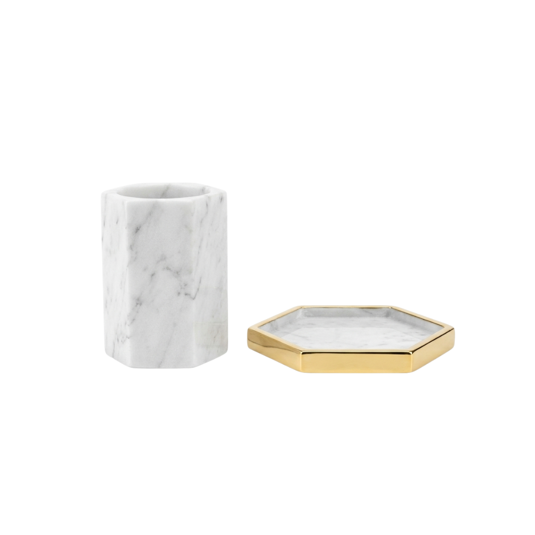 Zenva White Carrara Marble Pen Holder and Tray Set with Gold Metal Edging Hexagonal