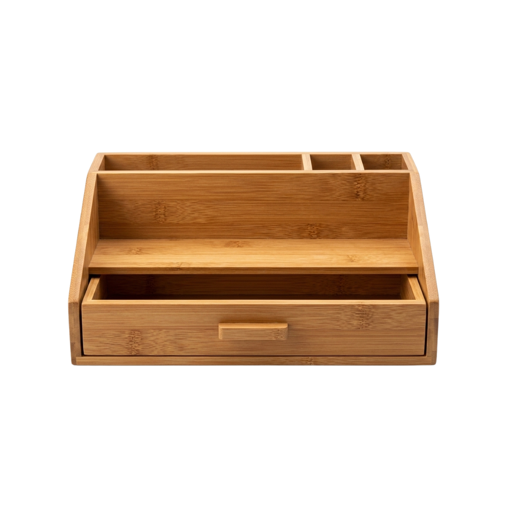 Zenva Bamboo Wooden Desk Organizer with Storage Drawer and Multiple Compartments Natural