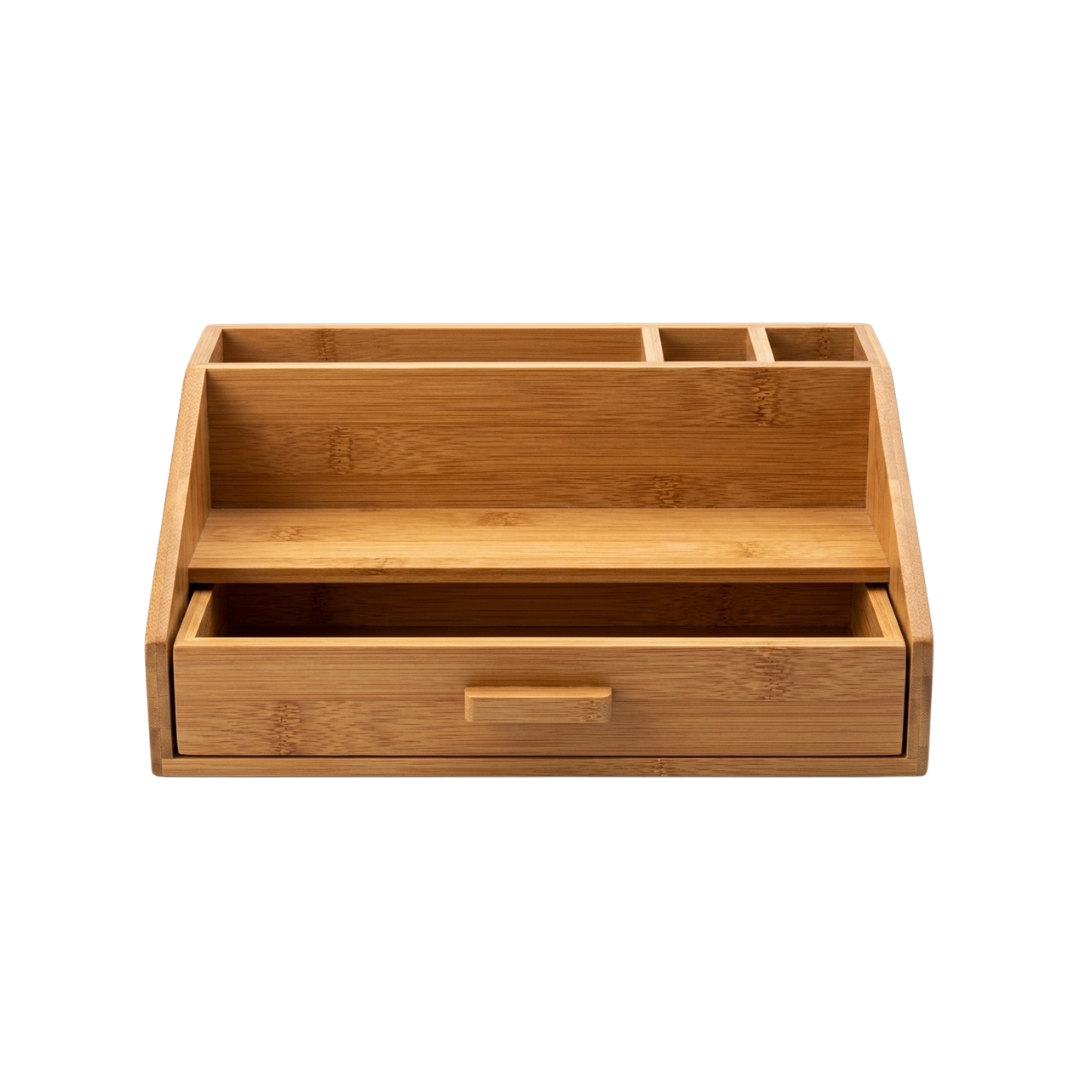 Zenva Bamboo Wooden Desk Organizer with Storage Drawer and Multiple Compartments Natural