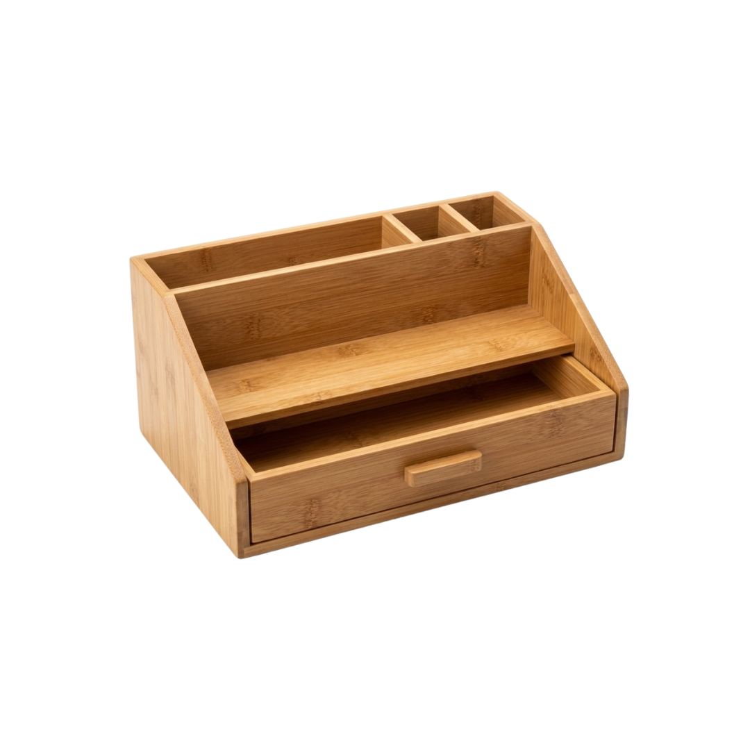 Zenva Bamboo Wooden Desk Organizer with Storage Drawer and Multiple Compartments Natural