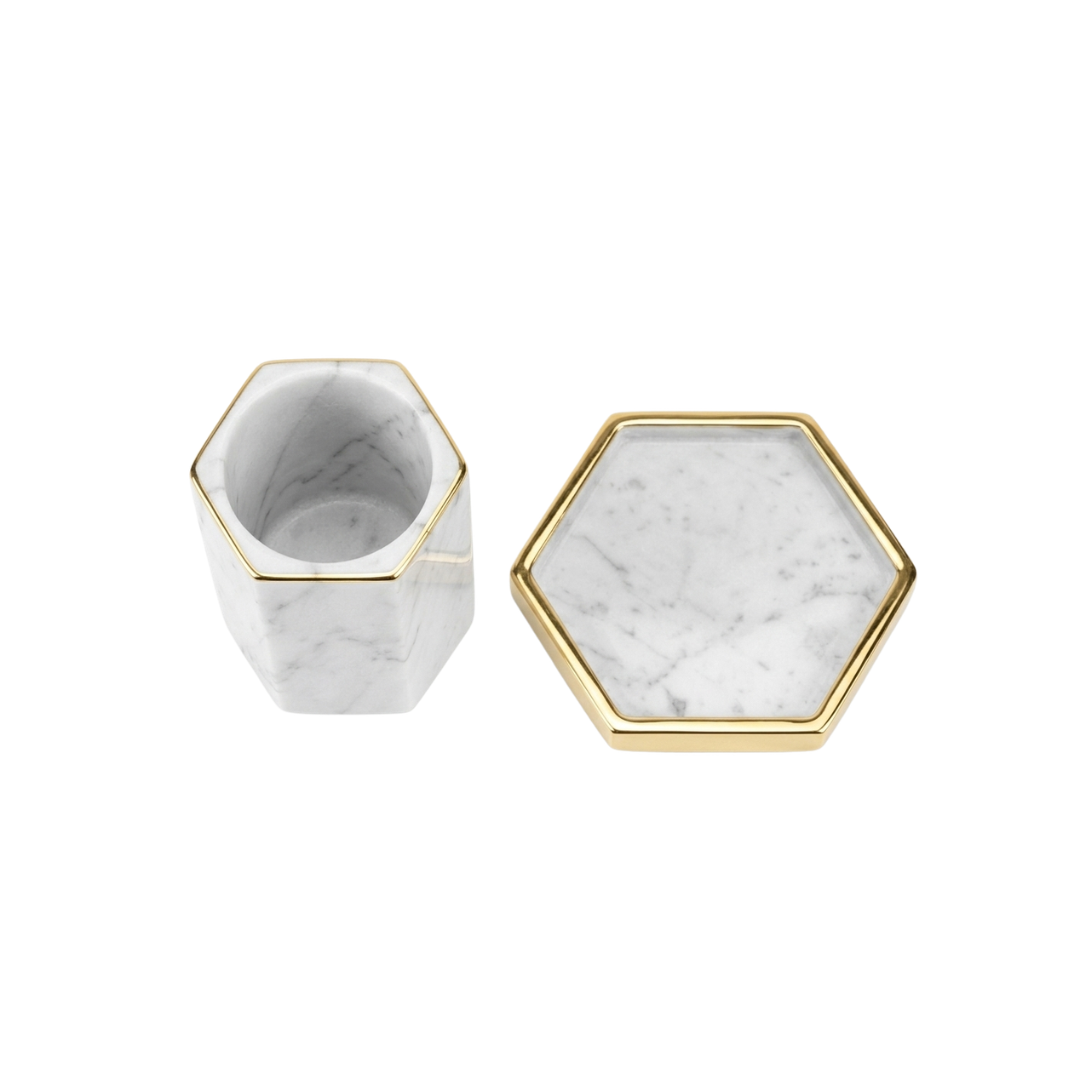 Zenva White Carrara Marble Pen Holder and Tray Set with Gold Metal Edging Hexagonal