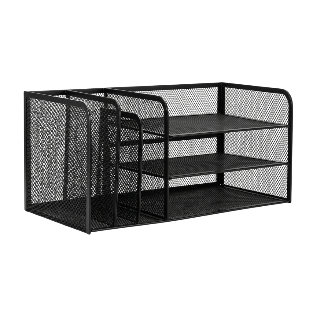 Zenva Modern Black Metal Mesh Desk Organizer with 3 Vertical Slots and 2 Horizontal Trays