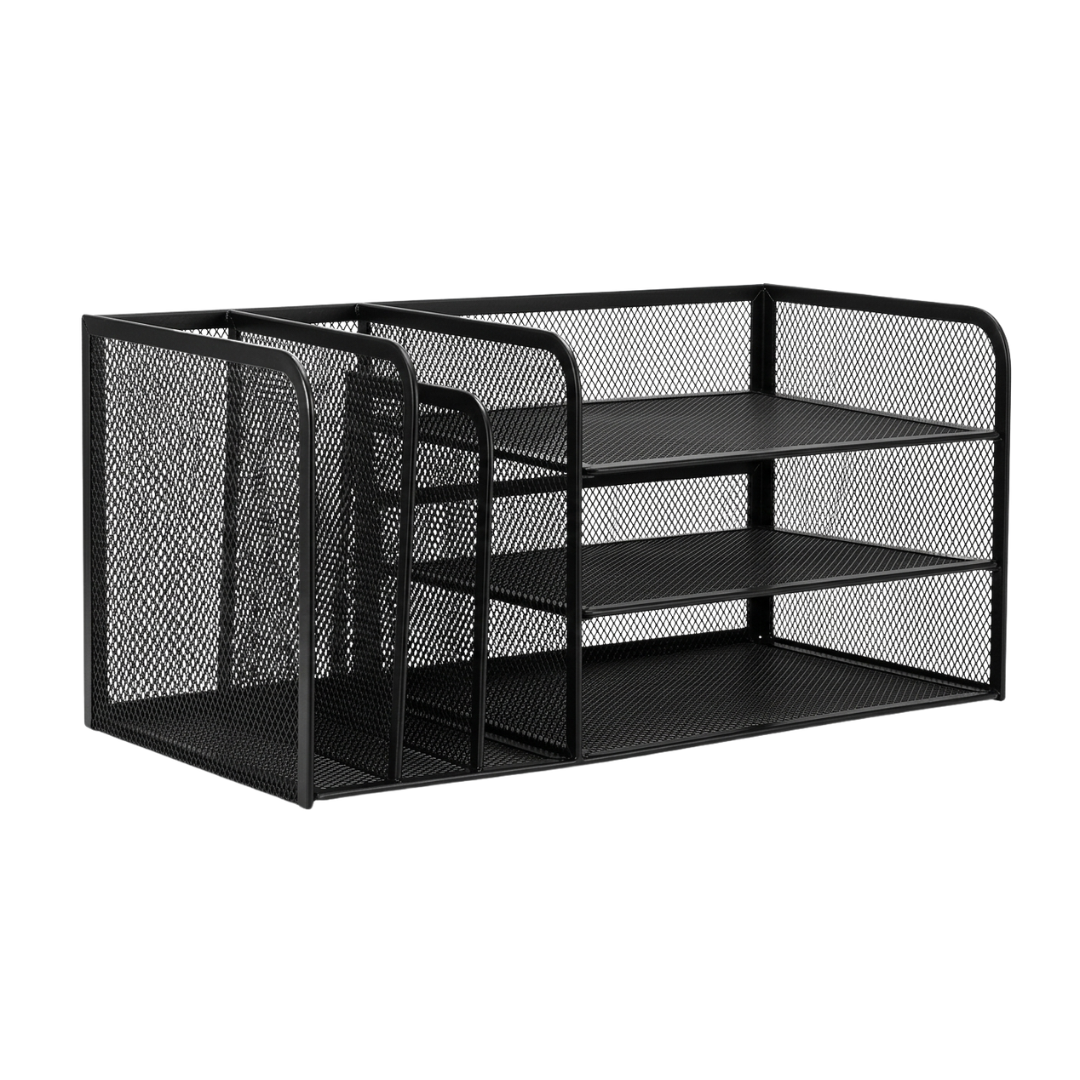 Zenva Modern Black Metal Mesh Desk Organizer with 3 Vertical Slots and 2 Horizontal Trays