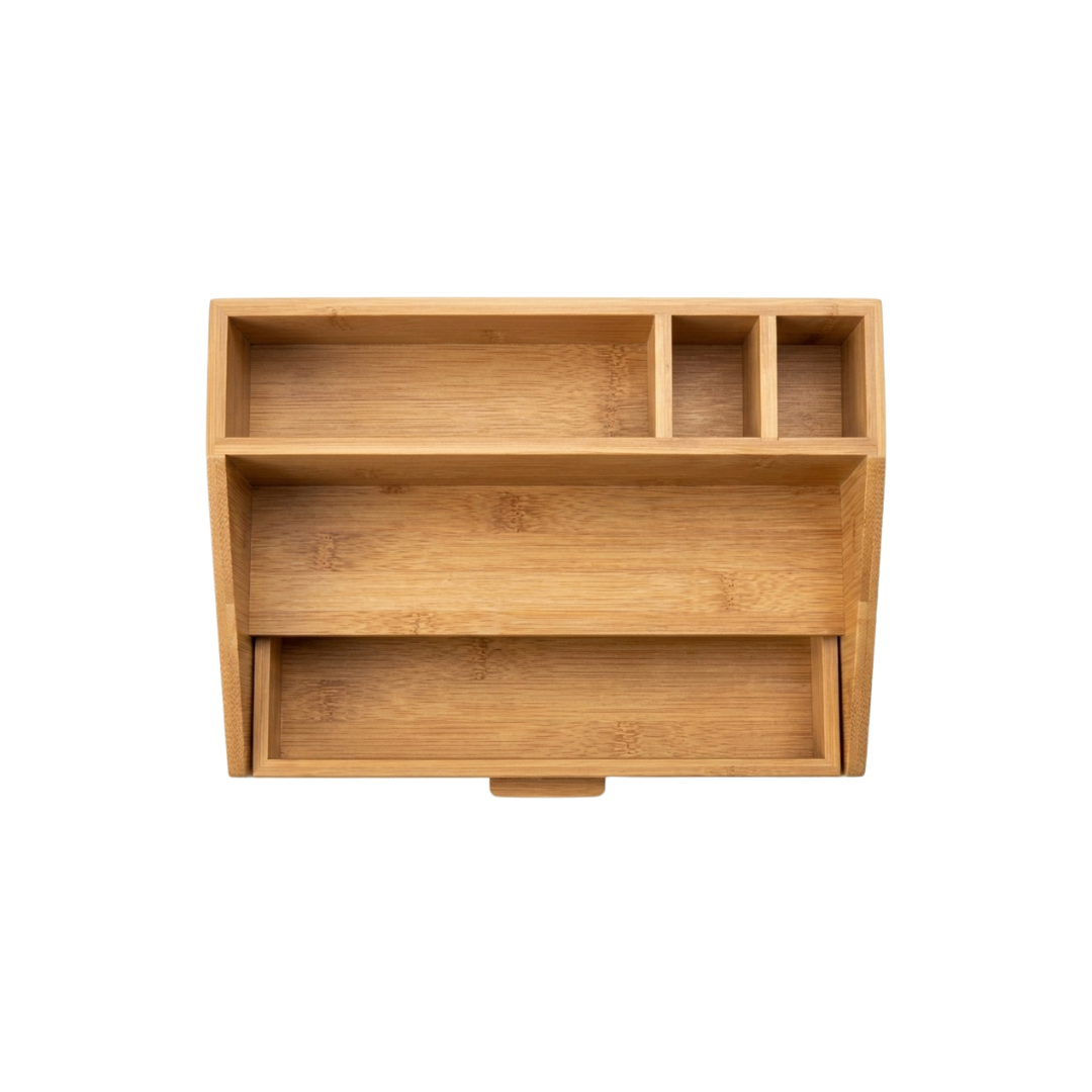 Zenva Bamboo Wooden Desk Organizer with Storage Drawer and Multiple Compartments Natural