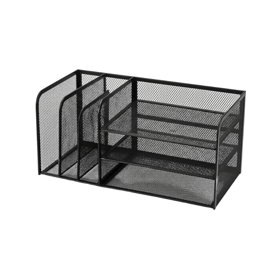 Zenva Modern Black Metal Mesh Desk Organizer with 3 Vertical Slots and 2 Horizontal Trays
