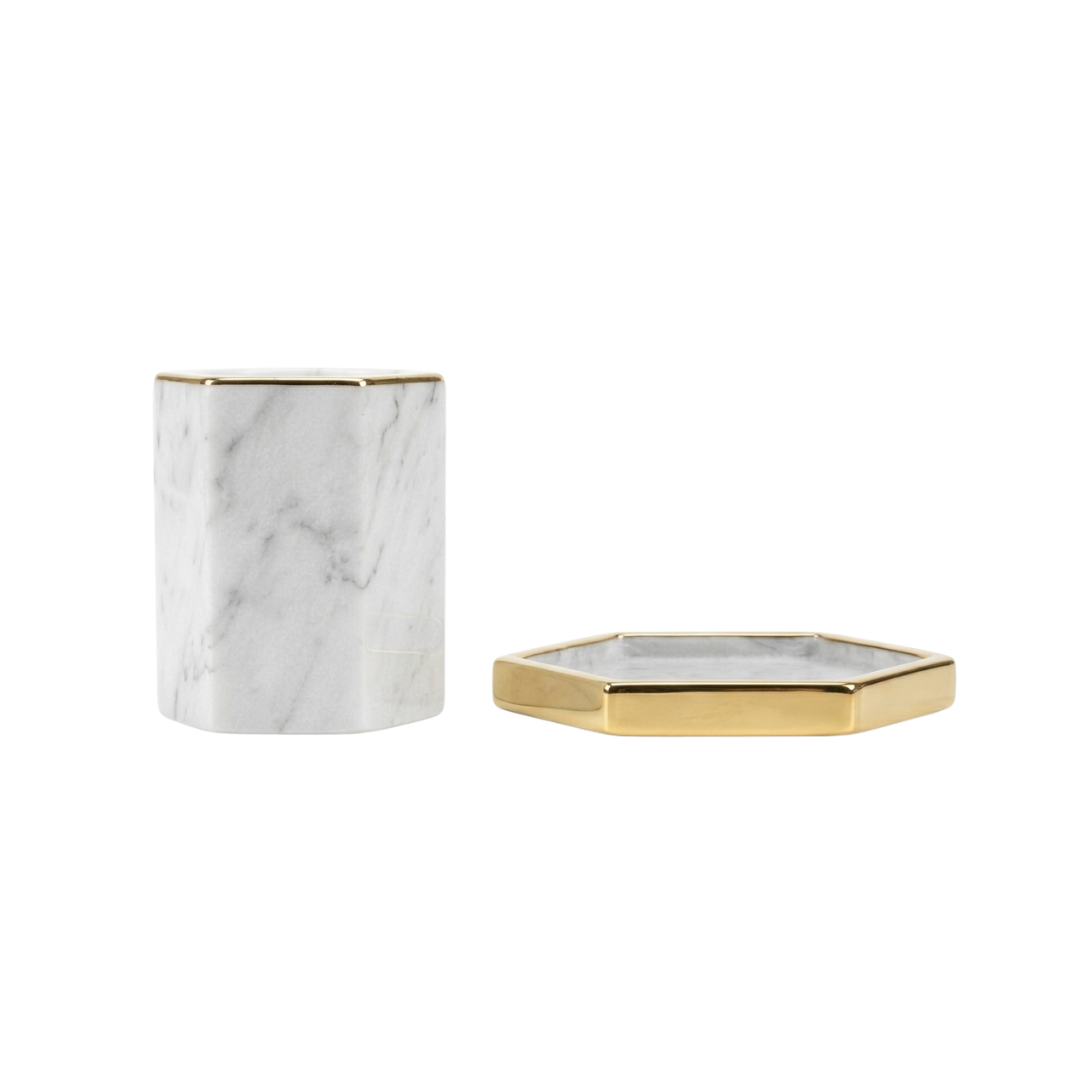Zenva White Carrara Marble Pen Holder and Tray Set with Gold Metal Edging Hexagonal