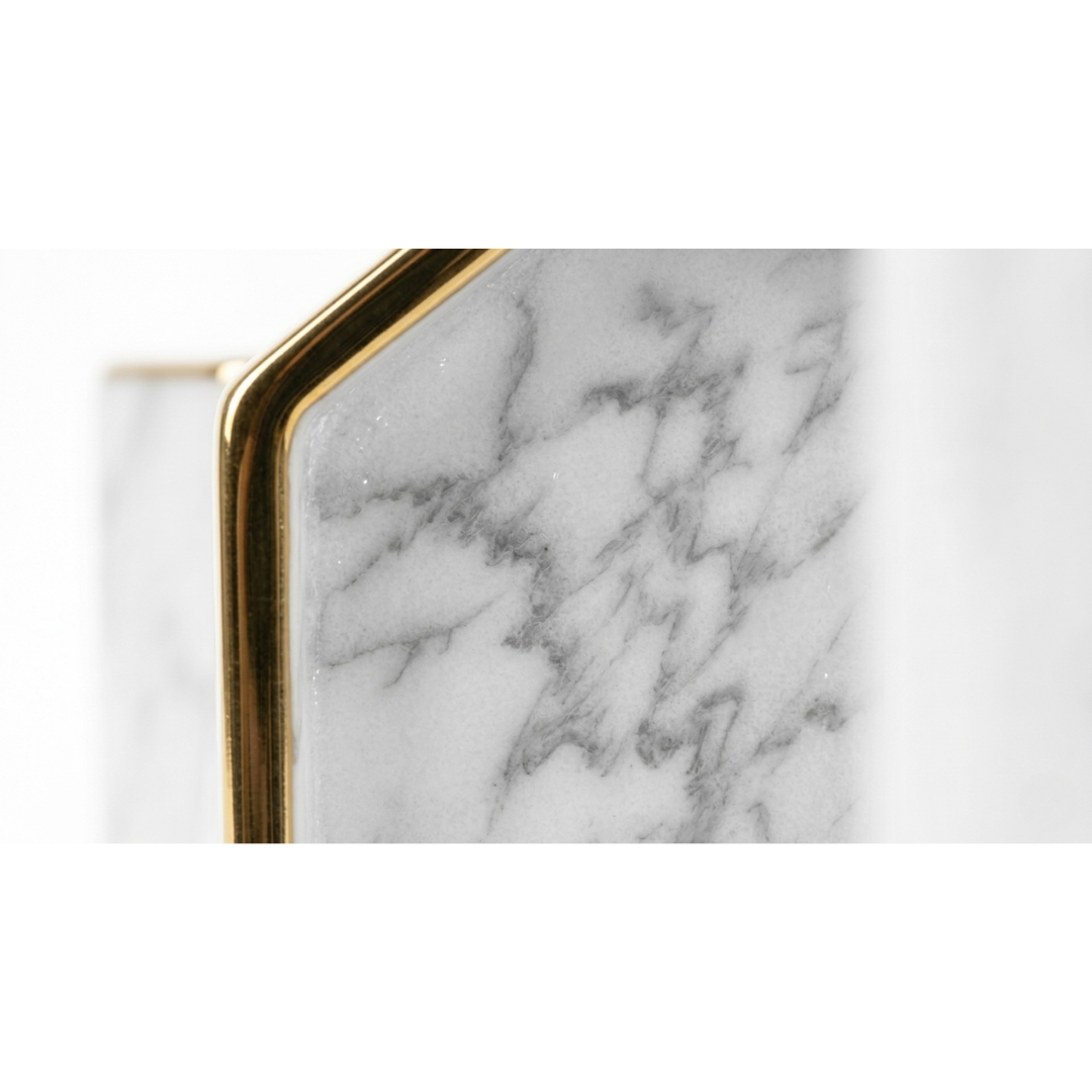 Zenva White Carrara Marble Pen Holder and Tray Set with Gold Metal Edging Hexagonal